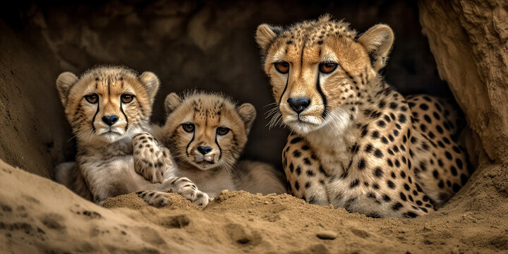 Cheetah cubs with mother. wildlife animal background.