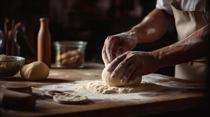 Papier Peint photo Pain Hands of a man kneading dough on a wooden table.generative ai
