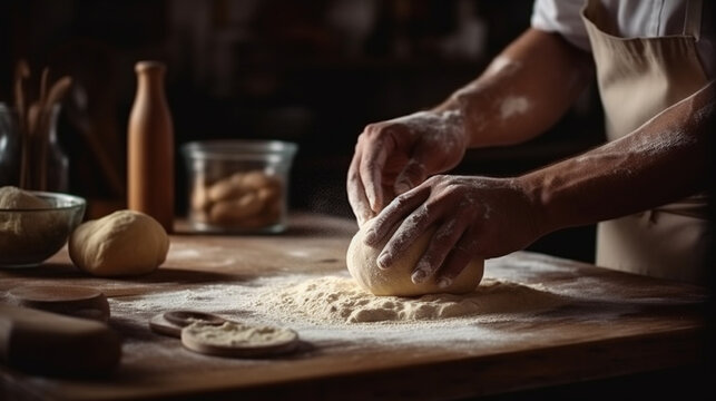 Hands of a man kneading dough on a wooden table.generative ai