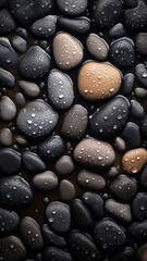 Fototapeta na wymiar Pebble stones background, adorned with glistening droplets of water. Top down view.