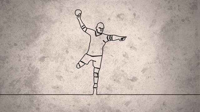 Animation of drawing of male handball player throwing ball and shapes on grey background