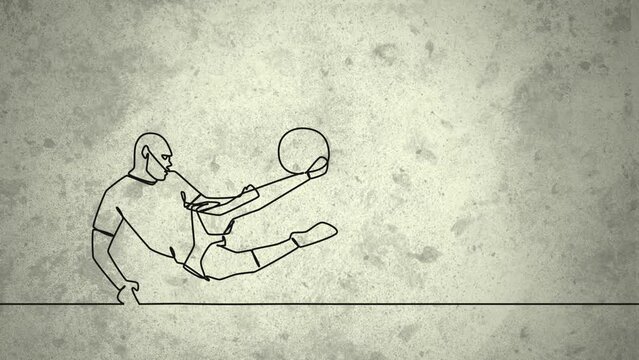 Animation of drawing of male soccer player kicking ball and shapes on grey background