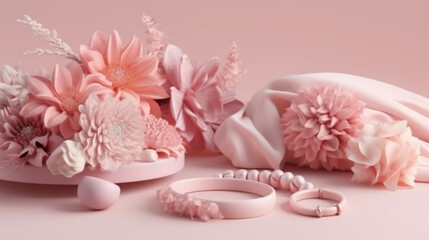 Naklejka na ściany i meble Womens accessories on a pink background. Sunglasses, shoes, bracelet, beads, pearls and flowers.generative ai
