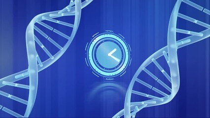 Animation of neon ticking clock and spinning dna structures against blue background - Powered by Adobe