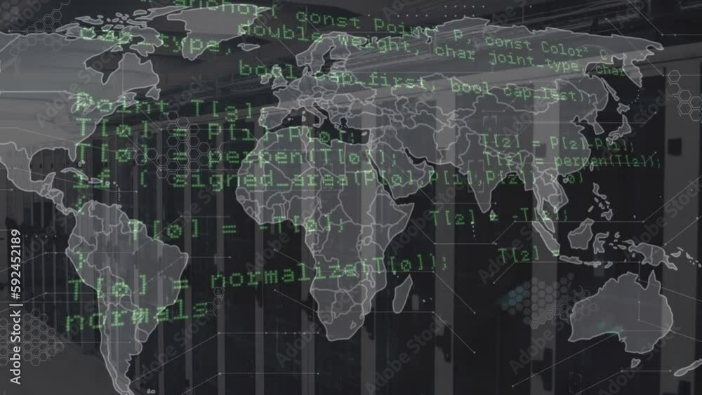 Poster animation of world map and data processing against computer server room