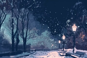 Obraz premium winter evening in a city park, a snowy day in the city, generative ai