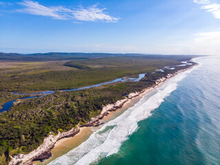 Aerial (drone) view of a spectacularly beautiful long Ten Mile Beach and Pacific ocean, near Byron...