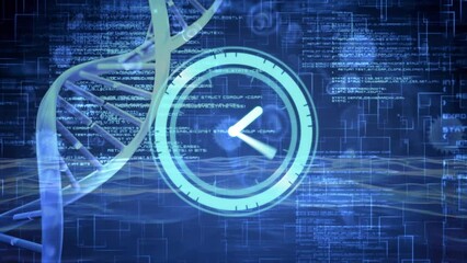 Animation of ticking clock, dna structure, data processing and digital waves on blue background - Powered by Adobe