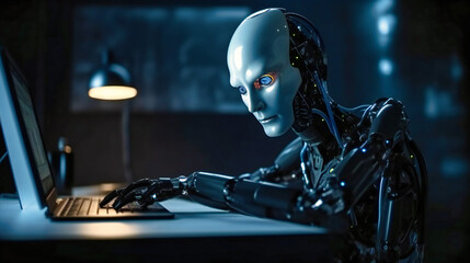 Biological woman robot with blue eyes sits in front of the laptop computer