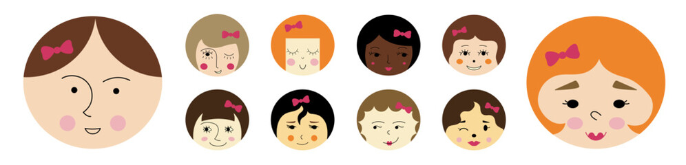 Feminine look, abstract personage, mascot design, funny face, cute icon.