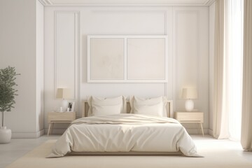 Fototapeta na wymiar Bright Dreamy Modern White Bedroom Interior with Blank Photo Frame Mockup Made with Generative AI