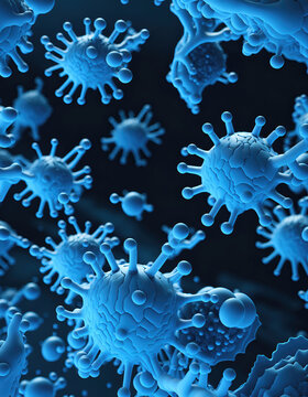 Background with viruses, microscopic view of floating virus cells.