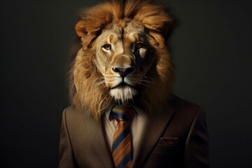 An anthropomorphic lion is like a boss in the office. Business concept. AI generated, human enhanced
