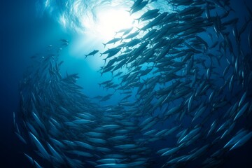 Fototapeta na wymiar School of fish swimming under water of sea. School sardinella fish swims in underwater. AI generated, human enhanced