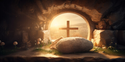 Tomb Empty With Shroud And Crucifixion At Sunrise. Resurrection Of Jesus Christ. AI generated, human enhanced