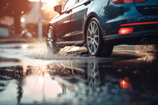 Splashes and underside of a car wheel with selective focus and blurred background. AI generated, human enhanced.