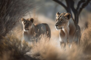 Fototapeta na wymiar Pride of lions in nature. AI generated, human enhanced