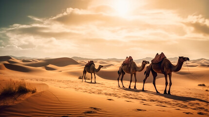 Camels ride on a desert savannah - obrazy, fototapety, plakaty