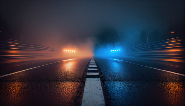Racing finish line on asphalt with nlue lamps. AI generated