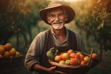 Harvesting, male farmer against the background of a farm. AI generated, human enhanced.