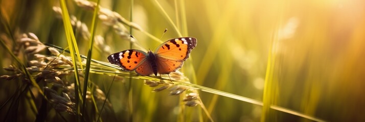 Fototapeta na wymiar Beautiful colorful natural spring summer background with grass and a fluttering butterfly on a bright sunny day. AI generative