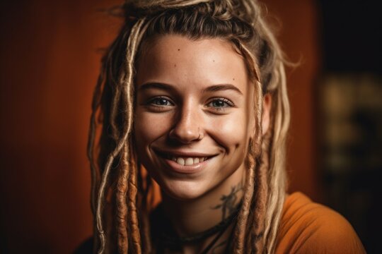 Portrait of a happy smiling pretty caucasian european woman with dreadlocks. AI generated, human enhanced