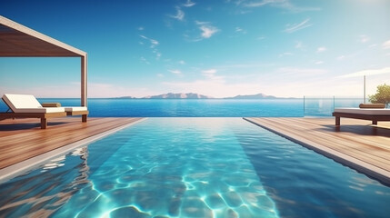 Fototapeta na wymiar Swimming Pool And Terrace Of The Blur Nature Background Concept.generative ai