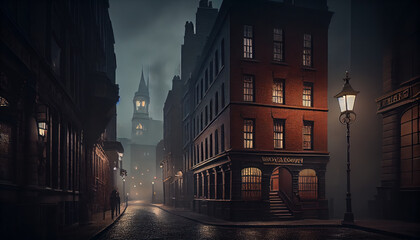 Victorian London on a moody evening with gas lights. Al generated