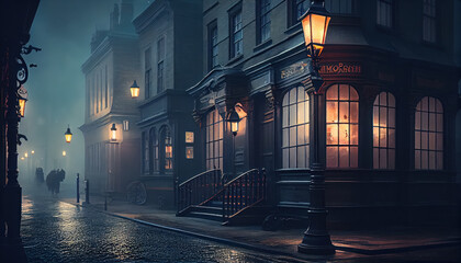 Fototapeta na wymiar Victorian London on a moody evening with gas lights. Al generated