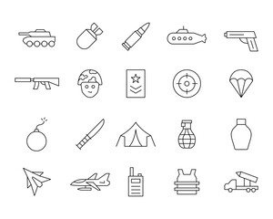 Military line icon set. Editable vector stroke