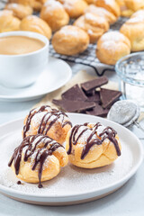Profiteroles with whipped cream and chocolate filling, covered with melted chocolate, vertical