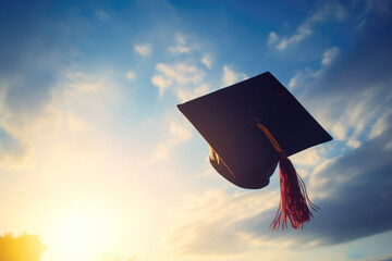 Graduation cap thrown into the blue sky. Graduation from an educational institution, school, university, college, tradition,