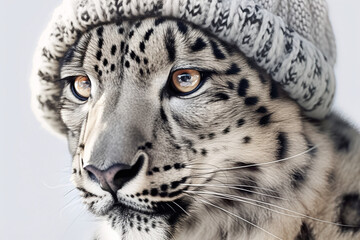 Close up portrait of a beautiful snow leopard in a knitted hat with a pompom on light gray background.