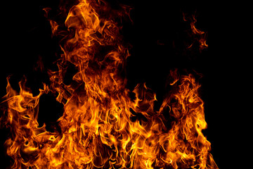 Fire flames on black background. Fire burn flame isolated, abstract texture. Flaming effect with burning fire.