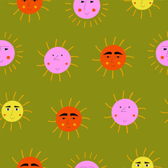 Smiling sun, abstract personage, mascot design, funny face, cute icon.