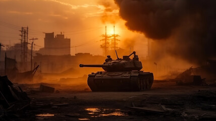 Modern tank during the military operation. Smoke and sparkles from explosion behind