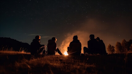 The group of young people are sitting around the bonfire and talking and singing songs - obrazy, fototapety, plakaty