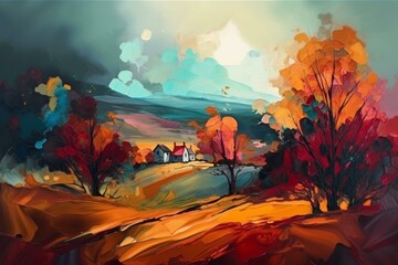 Fototapeta na wymiar Colorful abstract oil painting. Surreal landscape artwork in contemporary style. Generative AI
