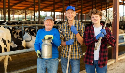 Three cheerful friendly livestock farm workers of different ages posing together in open cowshed during daily work © JackF