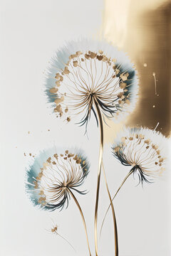 Luxury floral oil painting. Gold and blue dandelions on white background. Generative AI