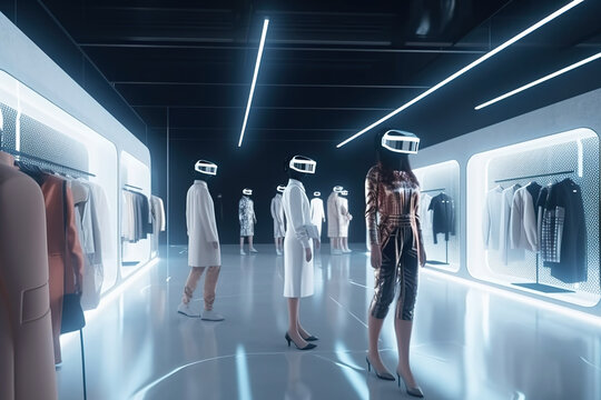 People in VR headset walk in store, woman customer using virtual reality, generative AI.