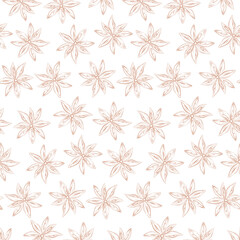 Endless pattern of contour drawing star anise in trendy brown hues. Spice for coffee or mulled wine.