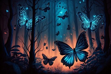 Fototapeta na wymiar Enchanting luminous butterflies fluttering in the forest at night. AI