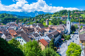 Fototapeta premium City of Feldkirch, State of Vorarlberg, Austria. View from the Schattenburg onto the City