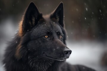 A close-up portrait of a black wolf in winter. AI