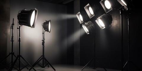 Empty studio with lights on white wall. Copy space for text or mock-up. Photo studio with modern interior and lighting equipment. Generative AI