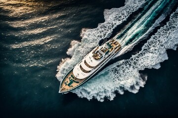 Aerial View of a Yacht Sailing on the Open Sea. AI