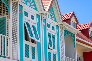 Caribbean cruise vacation. Colonial scenic colorful streets of Marigot in Saint Martin.