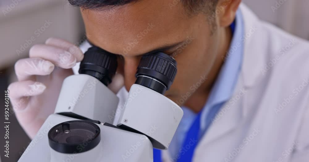 Poster Medical science, microscope and a man in a laboratory for analysis for healthcare research. Male scientist in a lab for development, study and working on future innovation with sample for test