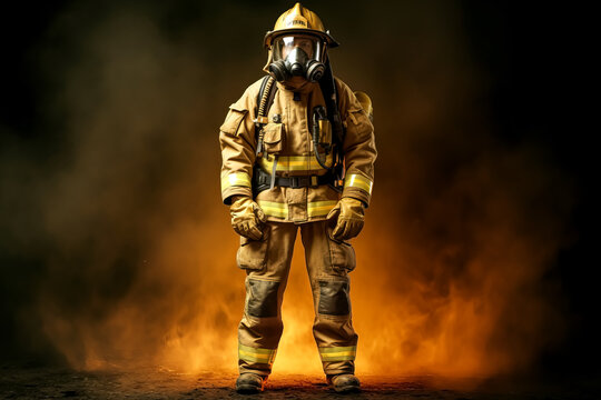 FIREFIGHTER BETWEEN FLAMES. ILLUSTRATION. ARTIFICIAL INTELLIGENCE, AI, COLOR, HORIZONTAL.
